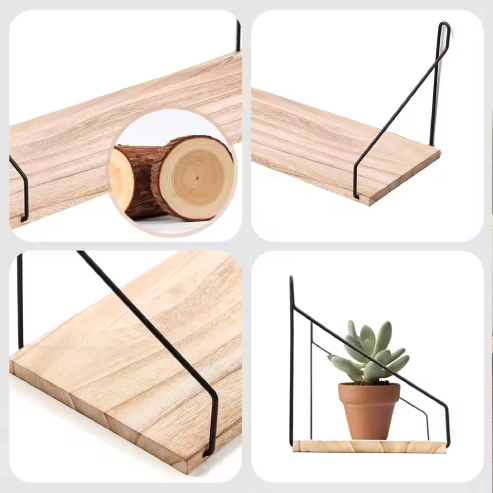 Étagère murale flottante suspendue, présentoir nordique avec support métallique, étagère de rangement en bois multifonction pour balcon et salon – 1 pièce