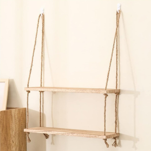 Étagères flottantes murales en bois pour plantes, support de rangement suspendu type balançoire, décoration naturelle pour salon, maison ou balcon – modèle T1