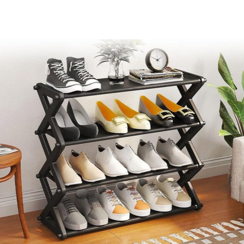 Étagère de rangement pour chaussures à 4 couches, structure en X, 1 pièce, design simple à assembler, idéale pour le porche ou le salon