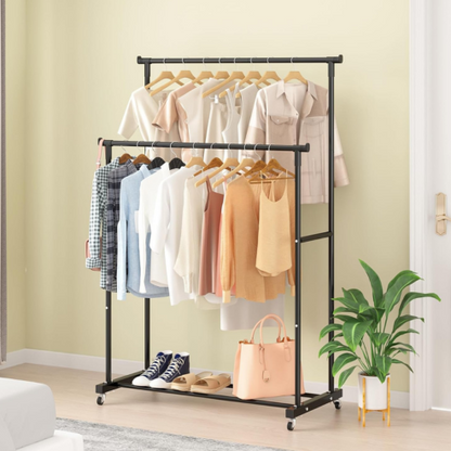 Porte-manteau mobile avec double étagère – support télescopique sur pied pour vêtements, cintres et rangement de chambre