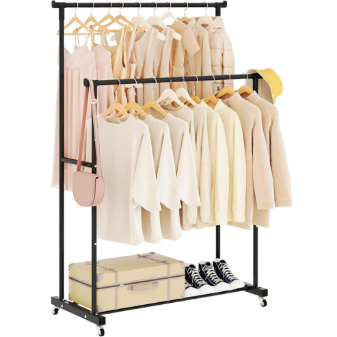 Porte-manteau mobile avec double étagère – support télescopique sur pied pour vêtements, cintres et rangement de chambre
